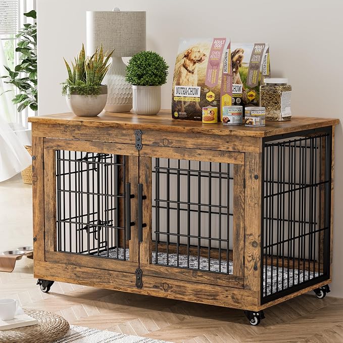 2 Pack Dog Crate Furniture, 38'' Heavy Duty Kennel with Cushion & Wheels | Rustic Brown, Double Doors, Wooden Dog Cage, Chew-Resistant, End Table, Decorative, 27"/32"/38"/44" Options, Indoor