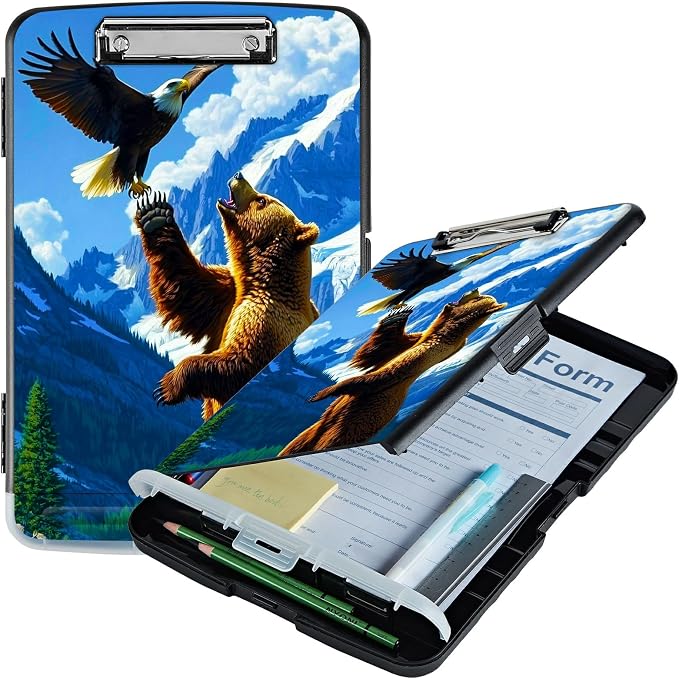Bear and Eagle A4 Clipboard with Storage Pen Holder, Clipboards Organizer Nursing Clipboard Foldable File Folder Plastic Clipboard Folio Clip Board for Office Students Classroom Doctor