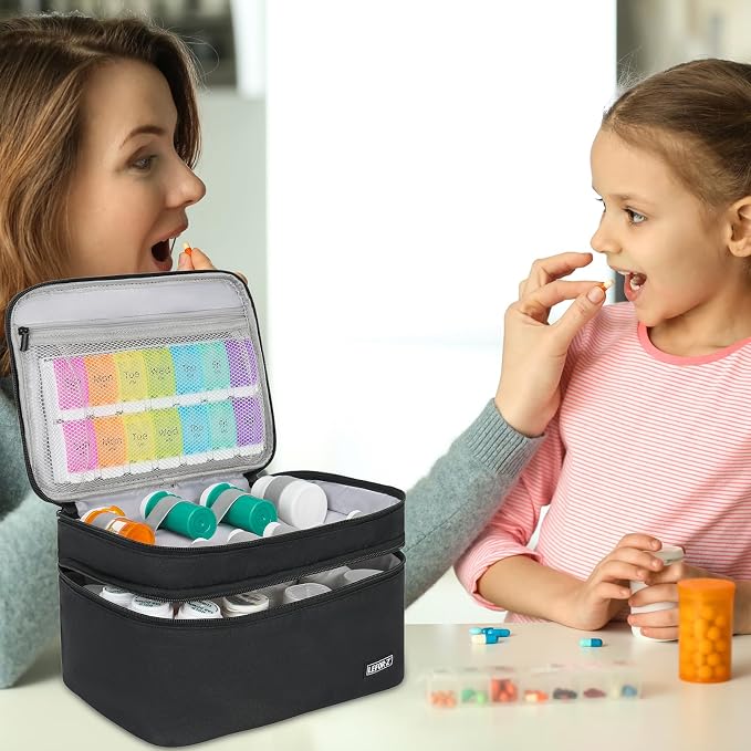 LEFOR·Z Medicine Storage Bag,Double Layers Pill Bottle Organizer Bag Empty | Medical Supplies Bag with Lockable Zipper & Adjustable Divider,Medication Travel Carrying Bag for Pills,Vitamins,Black