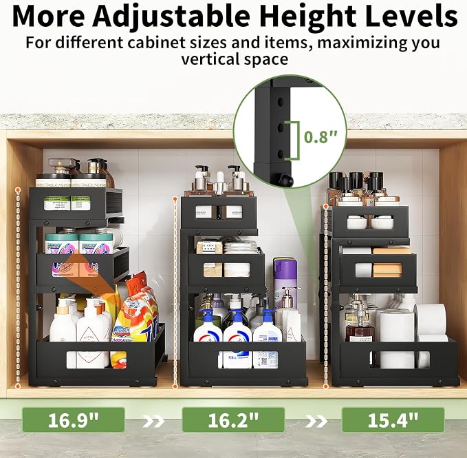 Under Sink Organizer,3-Tier Heavy Duty Pull out Cabinet Organizer Shelf | Height Adjustable,Thickened Metal,Slide out Storage Drawer Rack for Kitchen Bathroom Pantry Laundry Home Organization