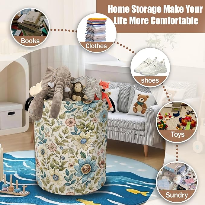 Boho Vintage Wildflower Floral Laundry Baskets,Laundry Hamper,Storage Basket with Handles for Bathroom Bedroom College Dormitory Living Room Nursery Organizer 16"x20.8"