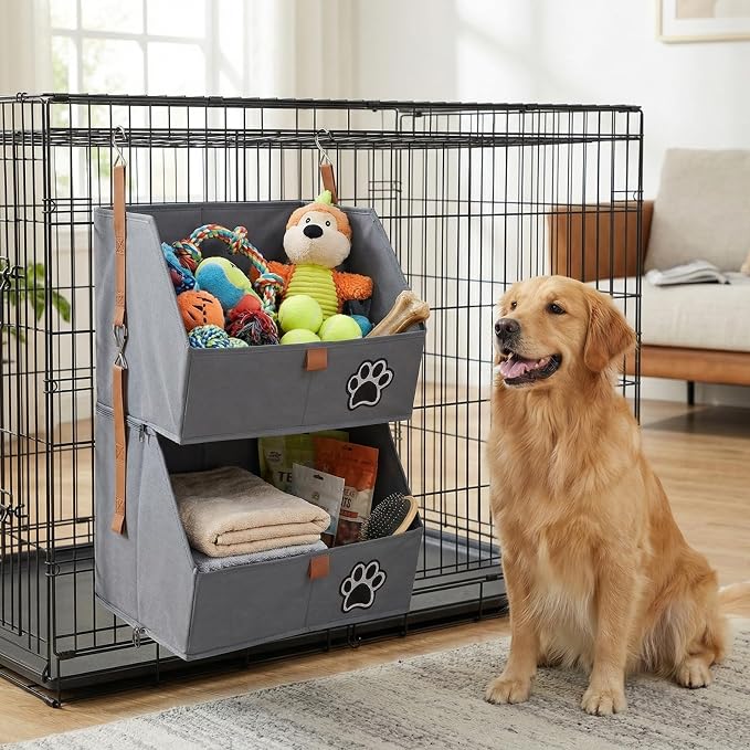 2-Tier Dog Shelves Storage Organizer, Dog Toy Basket, Hanging Closet Organizer for Pet, Fabric Storage Bins Dog Cabinet, Collapsible Baskets for Dog Toys,Collar,Clothes,Blanket -Grey