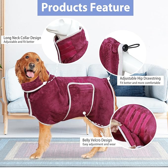 Dog Bathrobe Drying Coat - Super Absorbent Bath Robe for Large Dogs, Soft Adjustable Collar & Belly Strap Fast Drying Pet Towel for Dogs and Cats (Grey, Large)