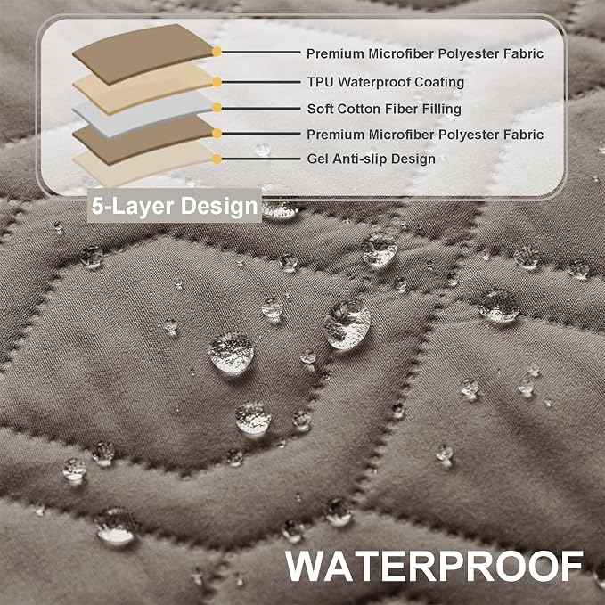 Recliner Armrest Cover with Headrest, Chair Armrest Slipcover with Side Pockets, Water-Resistant, Non Slip Furniture Protector for Pets (Gray Brown,1 Seater 3PCS)