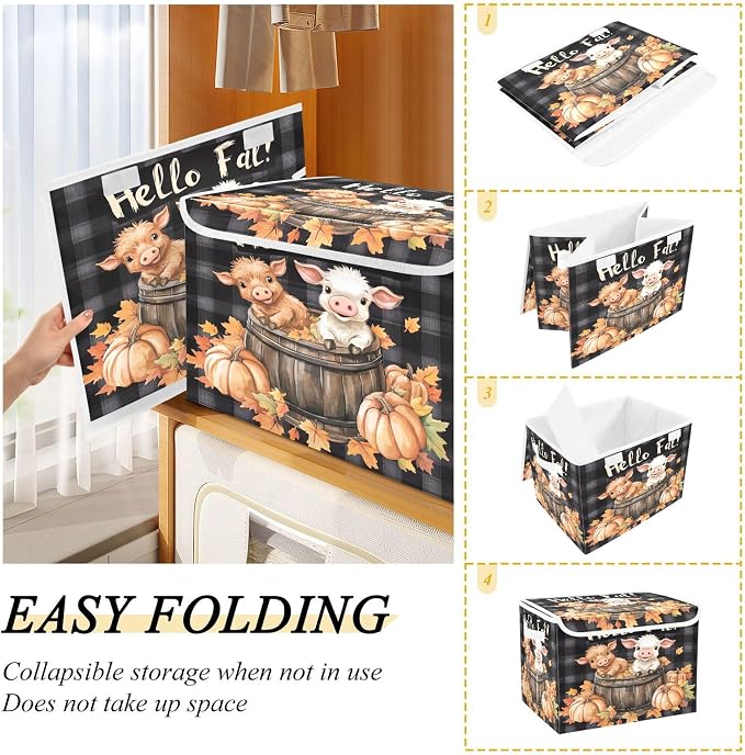 Cute Highland Cow Storage Bins with Lids and Carrying Handle,Foldable Storage Boxes Organizer Containers Baskets Cube with Cover for Home Bedroom Closet Office Nursery