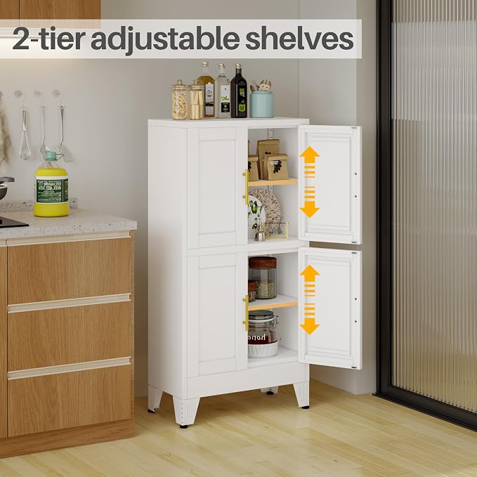 47” White Metal Bathroom Storage Cabinet, Kitchen Pantry Cabinet | Steel Storage Cabinet with Doors and 3 Adjustable Shelves, Bathroom cabinets Organizer, for Home Office, Bedroom