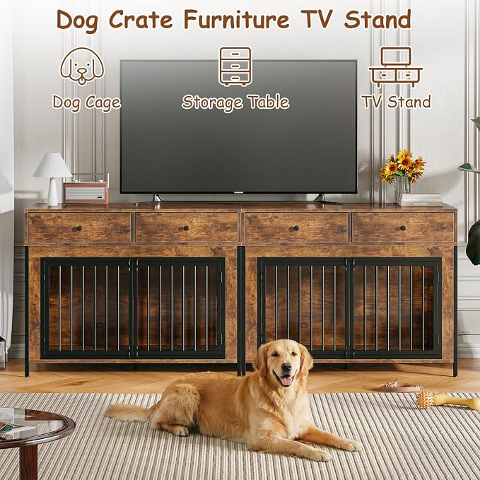 PUKAMI Large Dog Crate Furniture with 2 Drawers, 44 Inch Wooden Dog Kennel Indoor, Crate Furniture as Decorative End Table, Cage Furniture for Small Medium Large Dogs (New Brown, 2-Pack Set)