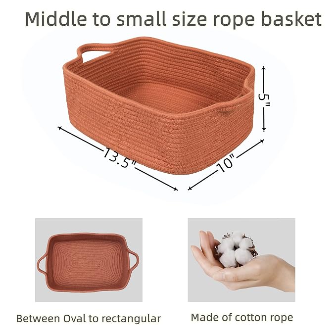 XUANGUO Medium Woven Cotton Rope Storage Basket with Handles, Rust | Small decorative rectangle storage bin for baby nursery items and cat toys; ideal as an empty gift basket or dog toy basket