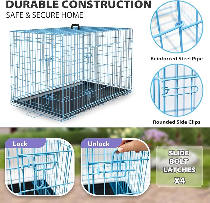 BestPet | Dog Crate | 48" | Blue | Foldable Metal Kennel with Double Doors | Secure Slide-Bolt Latches, Leakproof Tray | Portable Dog Cage for Large Breeds | for Travel, Indoor & Outdoor Use