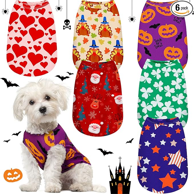 Xuniea 6 Pcs Holiday Dog Shirt Valentines Dog Clothes Easter Pet Outfit Costume Seasonal Puppy Festival Vest Apparel Pet Tank Top Tees for Dogs Cat Halloween Christmas(M (fit 5-7lbs))