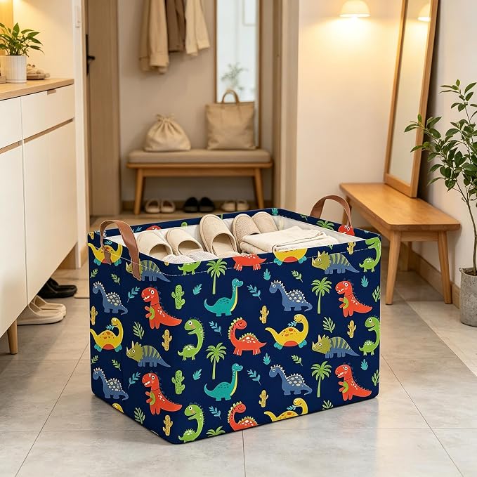 FXOLCSHE Halloween Dinosaur Basket for Kids,Nursery Hamper,Waterproof folding laundry basket,Dinosaur Gift Baskets Empty,Baby Laundry Hamper,Dinosaurs Room decor(Blue Dinosaurs)