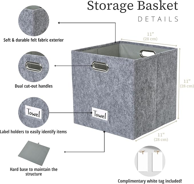 DECOMOMO Felt Storage Bins, 11 inch Cube Storage Bin with Labels | 6 Pack Storage Baskets for Shelves, Kallax (Dark Grey)