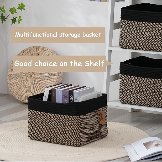 COMFY-HOMI Cotton Rope Woven Basket with Handles for Shelves,Toys,Book, Cloth Storage Baskets Bin for Organizing- 1 PCSToy Decorative Organizer for Living Room, Bathroom