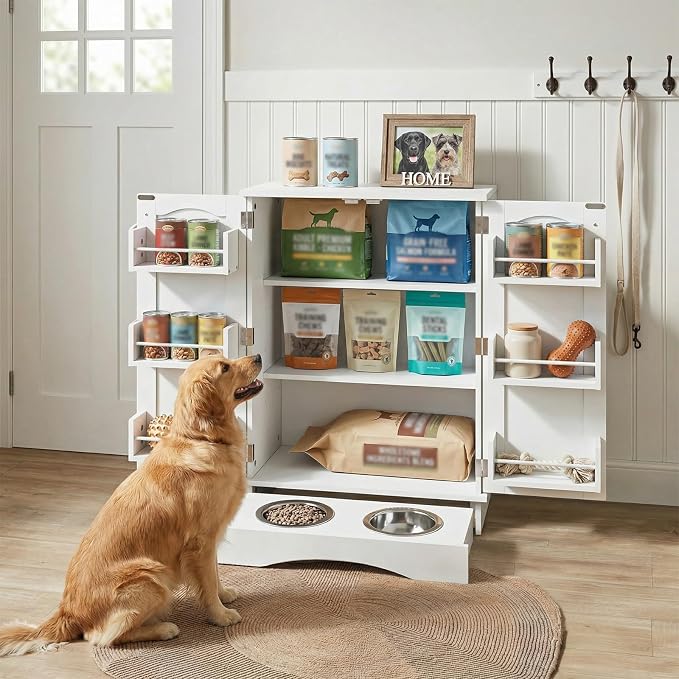 32" H Dog Feeding Station with Storage with Adjustable Shelves | Pet Food Storage Cabinet with 2 Elevated Bowls,Hooks & Letter Stickers,Hidden Dog Feeding Organizer for Cats and Dogs,White