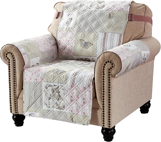 Brilliant Sunshine Grey Cupid & Pink Roses Couch Armchair Cover, 23" seat | Quilted Sofa Cover, Living Room & Bedroom Furniture Protector, Washable Chair Slipcover for Pets, Dogs & Cats
