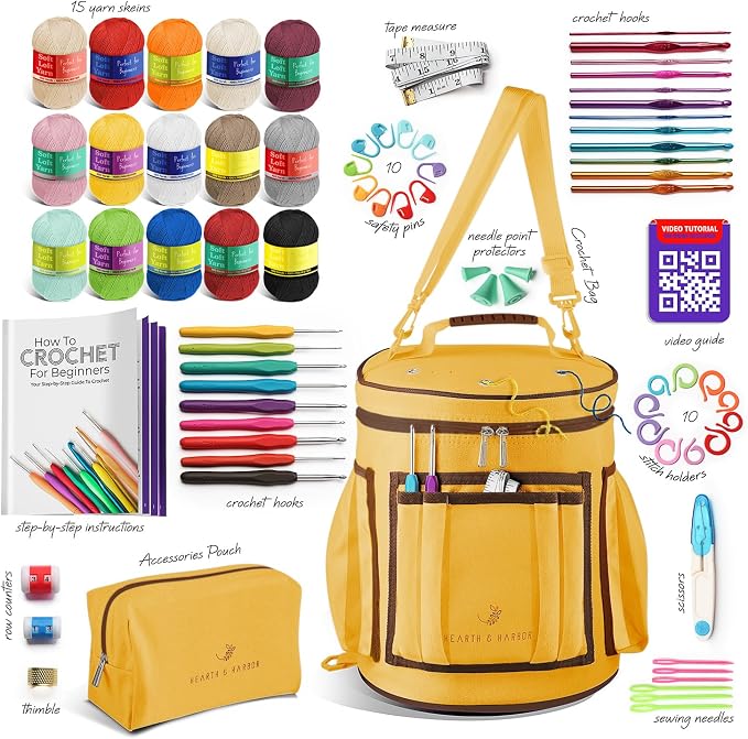 Crochet Kit for Beginners Adults and Kids - Beginner Crochet Kit for Adults with Step-by-Step Video Tutorials, Amigurumi and Crocheting Kit, Crochet Starter Kit with Soft Crochet Yarn and Crochet Bag