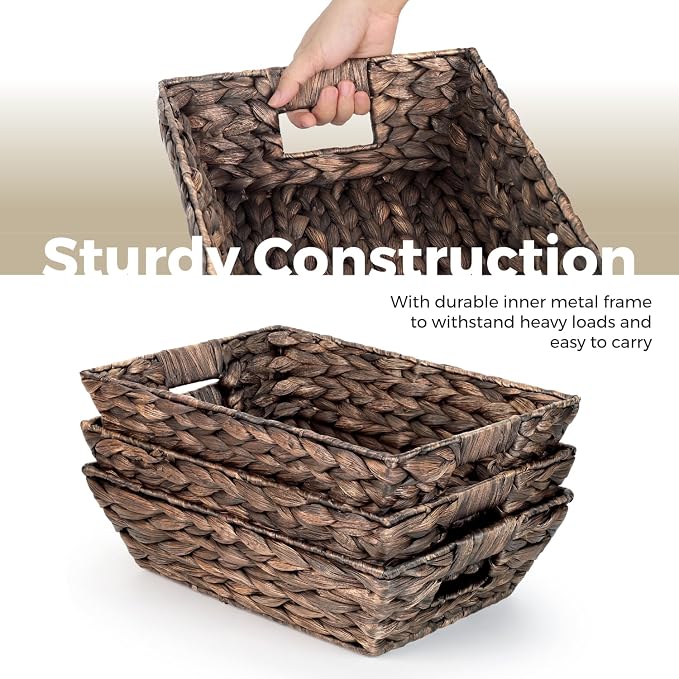 Set of 3 Snack Baskets, Water Hyacinth Basket,Wicker Snack Basket Organizer | Small Wicker Baskets with Handles, Woven Baskets for Storage (3 Medium Basket)