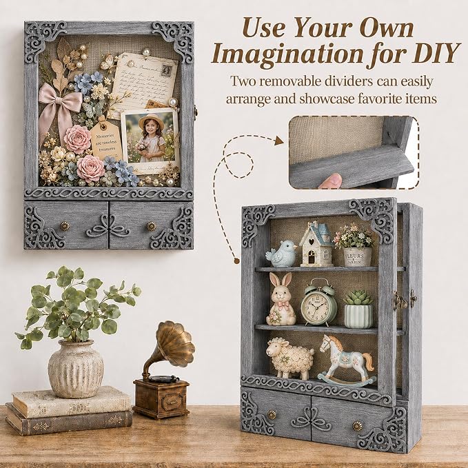 11x16 Pet Memorial Shadow Box Frame with Shelves, Grey