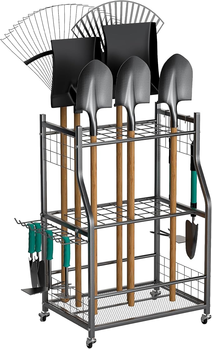 EVERHANGER Garden Tool Organizer Stand, Garage Tool Storage Organization | Yard Tool Racks with lockable wheels, Fit for Long-Handled Tools/Rakes/Brooms, Indoor/Outdoor Use