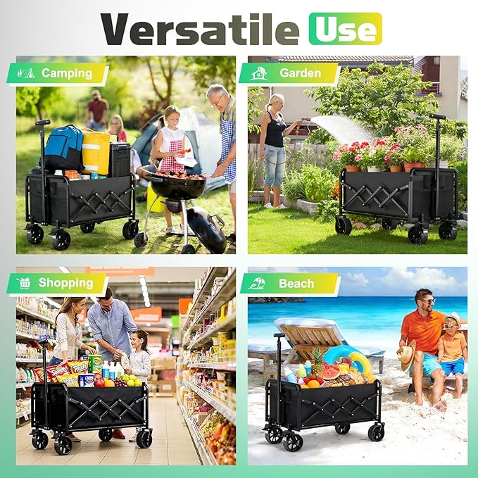 360LBS Collapsible Wagon Cart Foldable Heavy Duty, Shopping Cart with Brake | Folding Wagon with 360°Swivel Wheels, Portable Utility Cart with 2 Cup Holders, Grocery/Beach/Camping/Garden/Sports