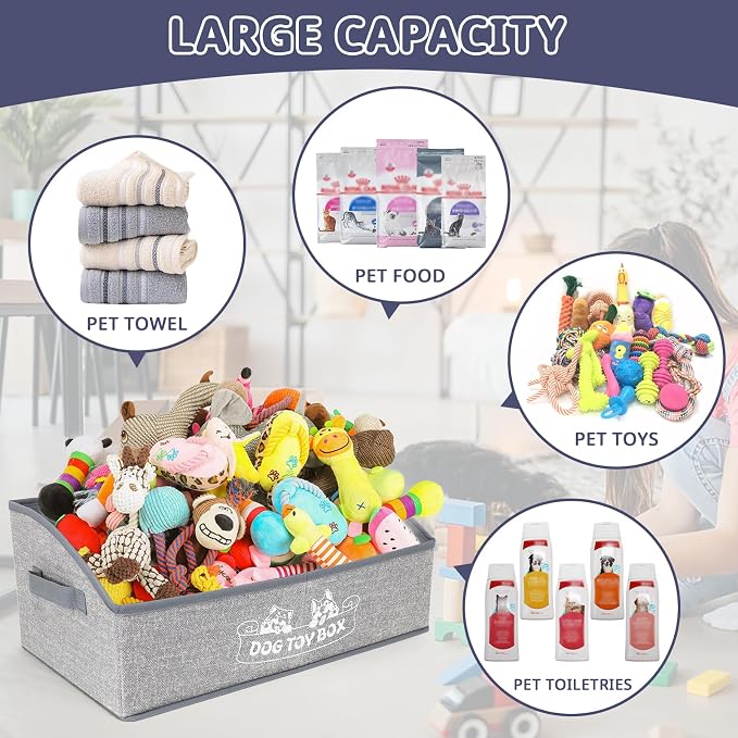 COWOSO Foldable Dog Toy Basket with 3 Handles, Pet Storage Box, White Dogs | Portable Pet Toy Organizer for Dog Toys & Accessories, Low Front Design, Waterproof Collapsible Storage Bin for Living Room