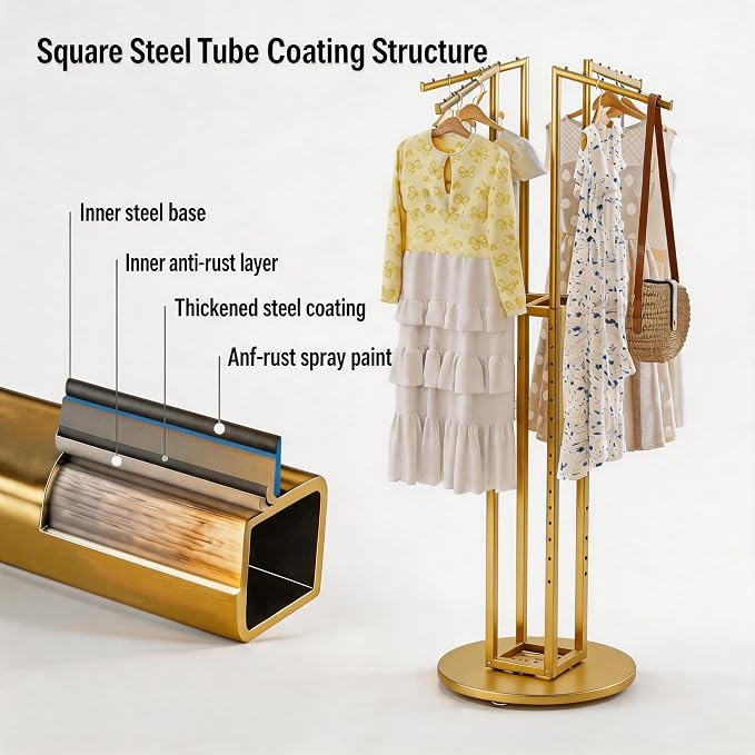 HKaikzo 360° Gold Rotating Coat Rack, Heavy Duty Metal Garment Rack Height-adjustable, Suitable for Both Adults and Children, Freestanding Clothing Rack for Hanging Clothes, for Bedroom, Retail Store