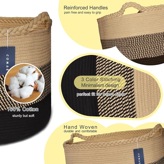 COMSE XXXLarge Woven Blanket & Laundry Basket, 87L, Brown & Black | 21.7" x 13.8", Cotton Rope, Nursery Hamper for Storage of Toys Clothes Towels, Ideal for Living Room Bedroom Bathroom