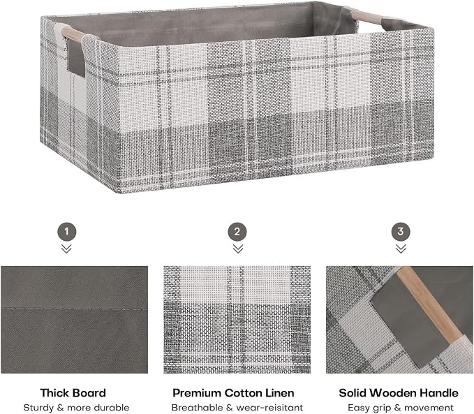 Fabric Storage Bin Box Collapsible Cotton Linen Storage Cube with Wooden Handles Rectangular Decorative Home Organizer Clothes Blanket Basket– Light Gray Plaid, Large