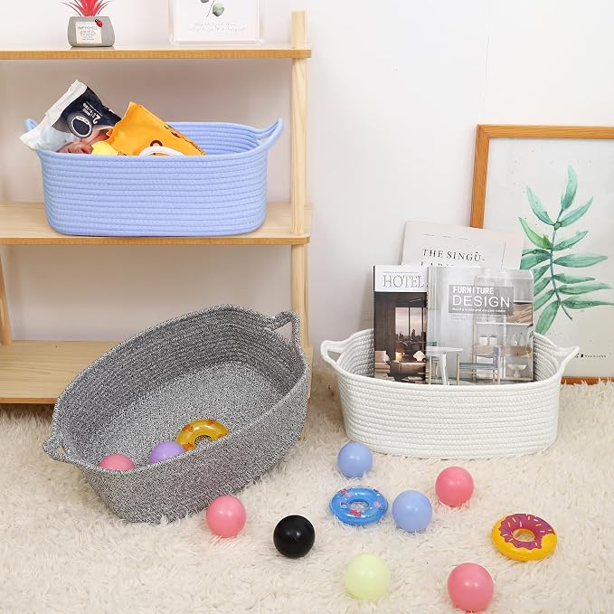 ABenkle Small Storage Basket with Handles, Cotton Rope Woven Dog Cat Toy Bin, Decorative Shelves Closet Organizing for Nursery Laundry Bedroom, 14.2''x 11''x 5.1''