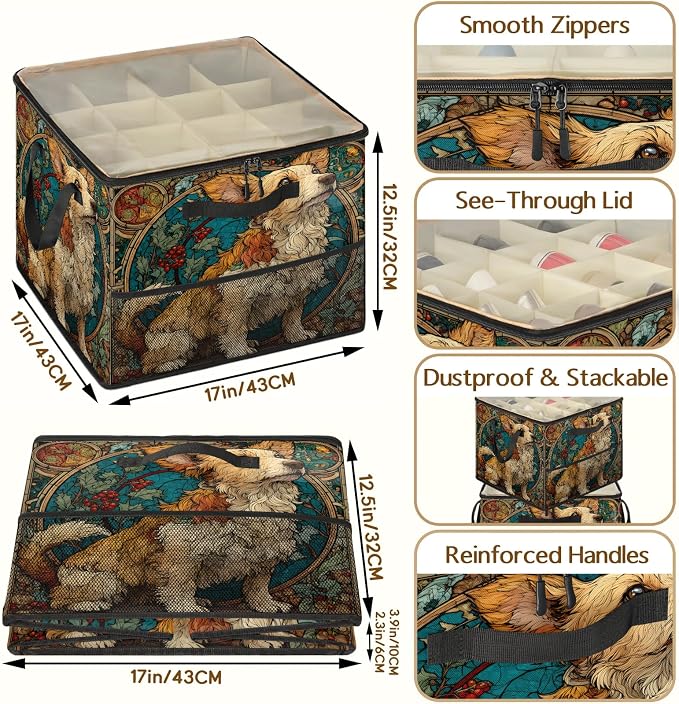 TropicalLife Funny Dog Strained Glass Shoe Organizer for Closet | Foldable Shoe Storage Box Bin 16-32 Pair Shoe Storage for Sneakers, Boots & Heels with Adjustable Dividers, Clear Cover
