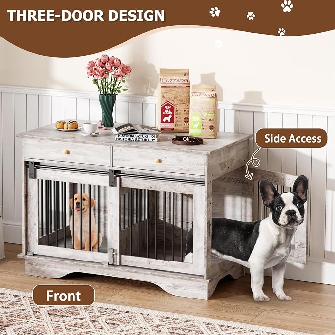 Furniture-Style Dog Crate End Table – 47" Large Double Cage with Removable Divider, 2 Storage Drawers, Grey – Pet House for Small, Medium, Large Dogs, Tabletop, 2 Sets
