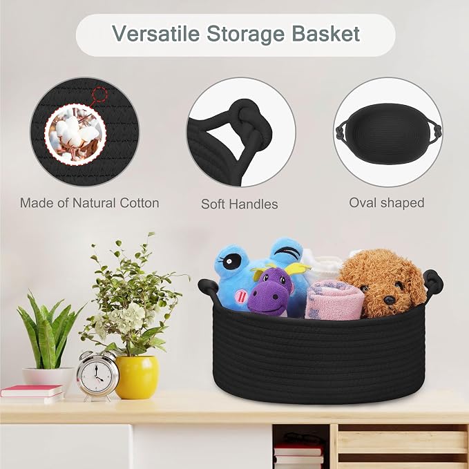 COMSE Small Gift Basket Empty with Bag & Ribbons, Solid Black | Cotton Rope, 12"x 8"x 5", Pet Toy Storage Organizer, Woven Basket for Birthdays, Baby Showers, Mother’s Day, Valentine’s Day