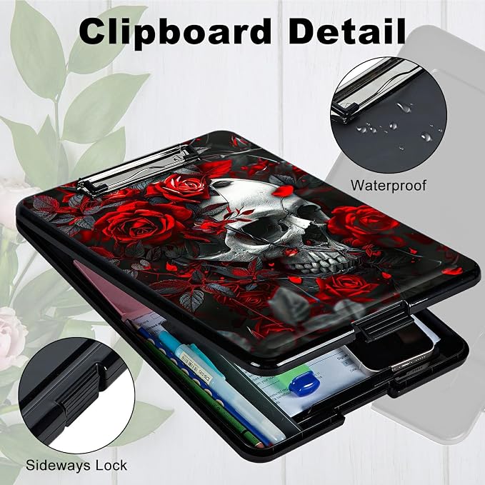 Red Rose Skull A4 Clipboard with Storage Pen Holder, Clipboards Organizer Nursing Clipboard Foldable File Folder Plastic Clipboard Folio Clip Board for Office Students Classroom Doctor