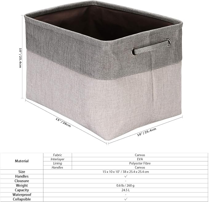Sea Team Large Rectangle Canvas Open-Top Storage Baskets, 3-Pack | Collapsible Fabric Storage Bins with Handles, Closet Shelf Organizers, 15 x 10 x 10 Inches, Ash Gray & Gray