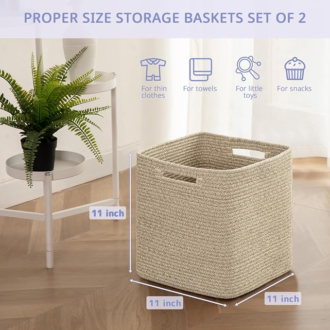 OIAHOMY 2 PACK Cube Storage Bin 11 Inch Collapsible Storage Cube Brown | Cube Storage Organizer Storage Bins for Shelves Baskets for Organizing Woven Rope Storage Baskets