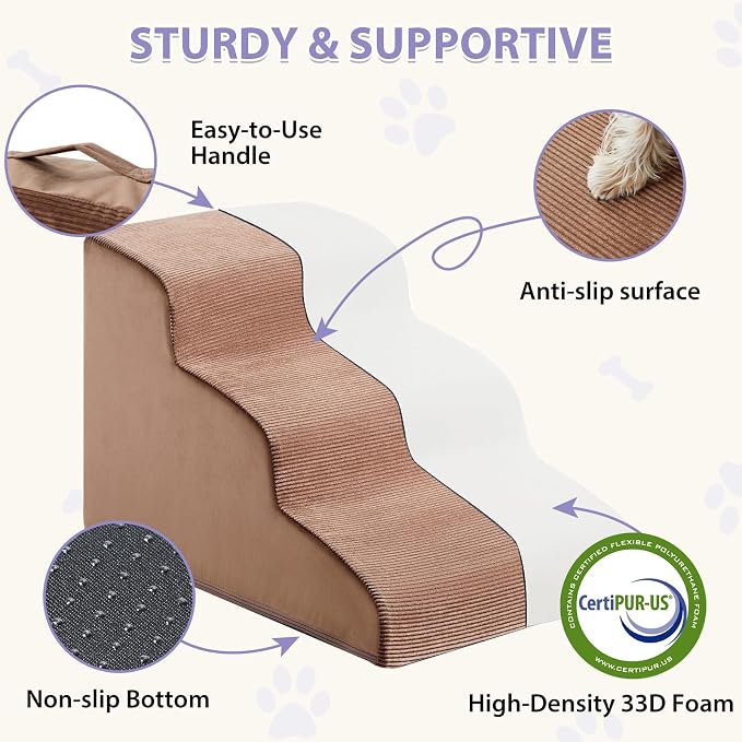 LEXTRO Dog Stairs for Small Dogs, 3-Steps Dog Ramp for Bed and Couch, Pet Stairs with Highly Supportive Foam and Non-Slip Bottom, Pet Steps for Cat & Doggie (High 15.7 Inch)