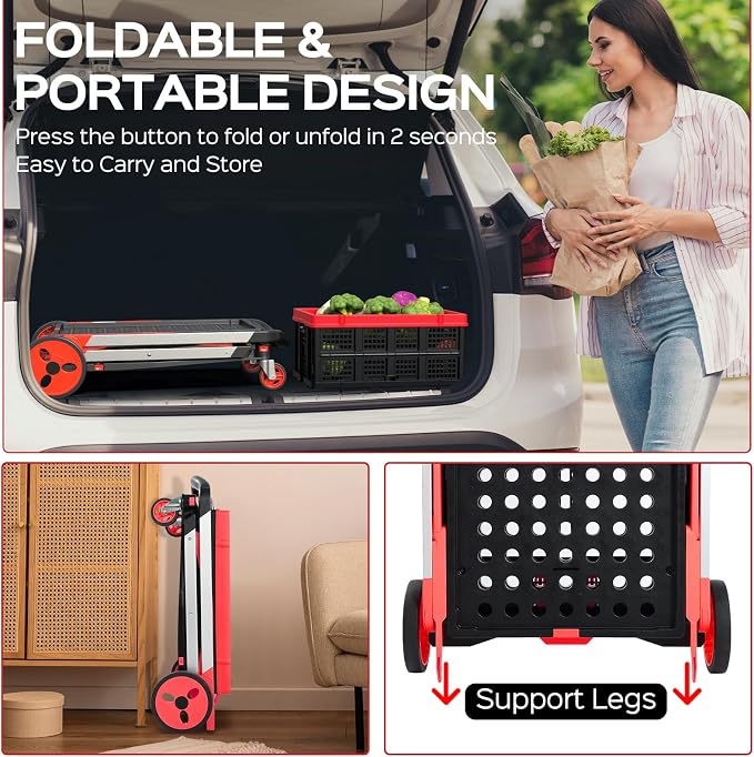 TOLRET Shopping Cart with Wheels, 200 lbs Capacity Grocery Cart on Wheels | Collapsible Shopping Cart with Storage Crate, Platform Hand Truck with Foot Brake, Red