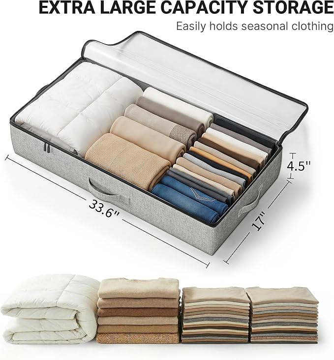 2-Pack Under Bed Storage Containers, 4.5 Inches Tall Clothes Storage, Grey | Low Profile Collapsible Underbed Organizer Bin with Sturdy Sidewalls/Bottom, Cotton-linen, For Seasonal Clothes & Bedding