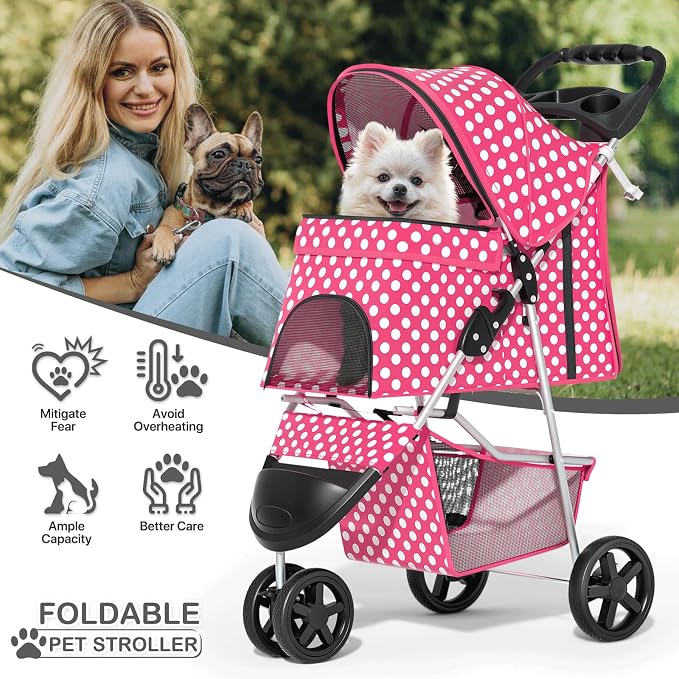 MoNiBloom Pet Stroller for Small/Medium Dogs and Cats, Hot Pink Polka Dots | Foldable Dog Stroller 3 Wheels Pet Strolling Cart w/ Storage Basket Cup Holder, Breathable and Visible Mesh for All-Season