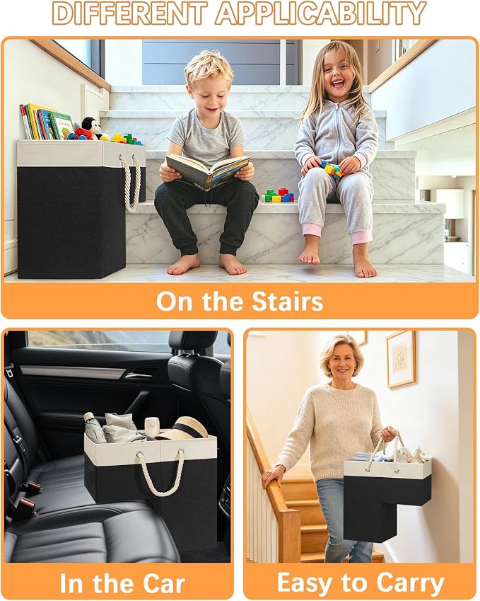 LHZ.K Stair Basket with Removable Divider & Sturdy Handles,1pcs, Black | 16" Rigid Foldable Stair Storage Basket for Carpeted & Wooden Stairs, Large Capacity for Laundry, Toy, Pet Supplies & Clutter