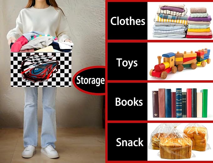 Large Boys Checkered Basket Canvas Kids Toy Storage Bin Nursery Baby Organizing Decor (Check Racing Car)