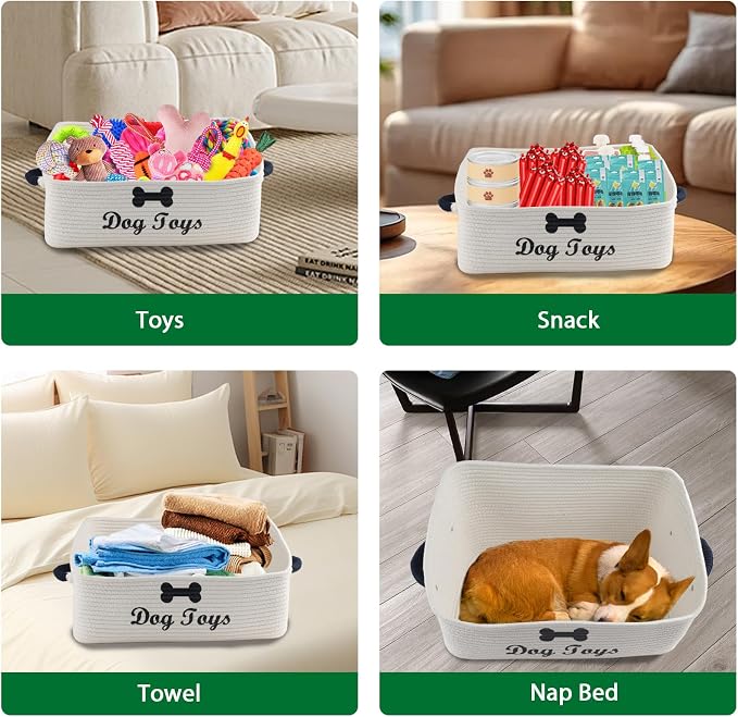 Dog Toy Basket-100% Cotton Rope Dog Toy Bin for Living Room Area-Trapezoid Pet Toys Box with Sturdy Handle-Puppy Bed-Dog Stuff Organizer for Toys,Collar,Leash,Blanket-Chew Proof-Beige