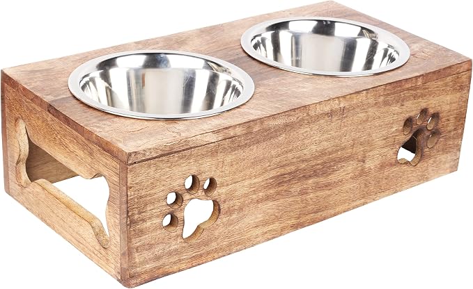 Wooden Dog Cat Pet Feeder Station Stand with 2 Stainless Steel Bowls | Raised Cat Bowl Dogs Bowl Elevated Cat Dog | Pet Dining Table for Cats and Puppy | 16 x 8.5 x 5 Inches