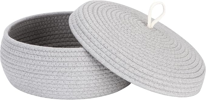Sea Team Round Woven Cotton Rope Storage Basket with Lid, Gray | Lidded Knitted Decorative Storage Bin, Pot, Caddy, Organizer, Container for Snacks, Towels, Plants, 13 x 5.5 Inches