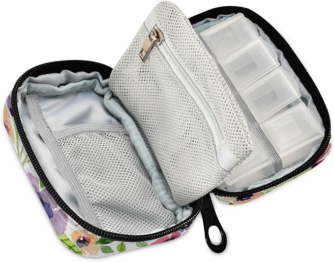Custom Pill Box 7 Day Pill Case Bag Watercolor Spring Flowers Personalized Name Travel Pill Organizer Bag with Zipper Portable Weekly Case Compact Size for Vitamin Supplement Holder