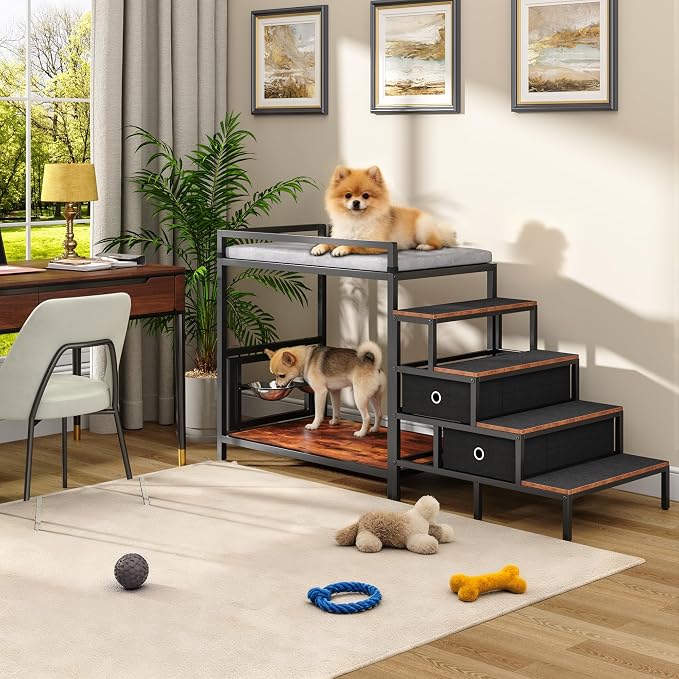 kepptory Dog Window Perch with 360° & Adjustable Raised Feeder, Pet Stairs Ramp with Stairs and Storage, Pet Bunk Bed with Small Pet Step