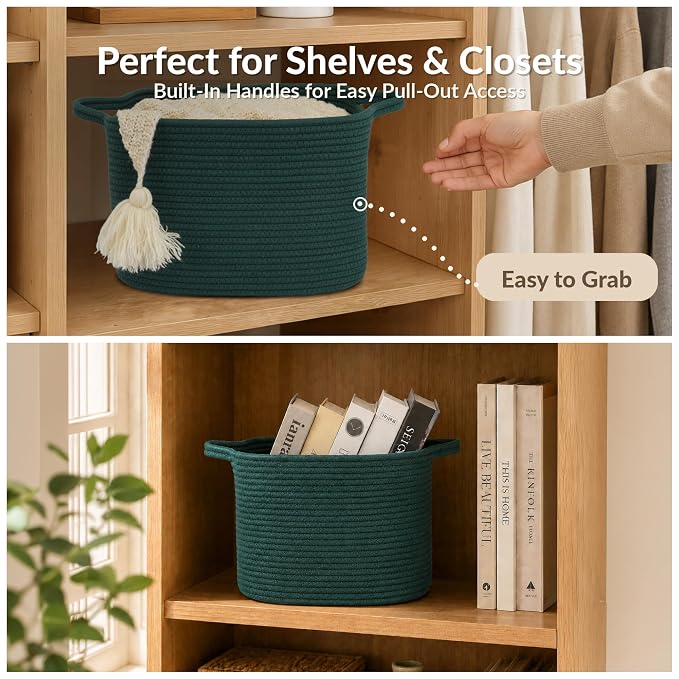 XUANGUO Woven Cotton Rope Storage Basket13x10x9 inch Forest Green | Woven cotton rope basket for shelves and closets. Perfect for toys, books, clothes, nursery storage and gift baskets.