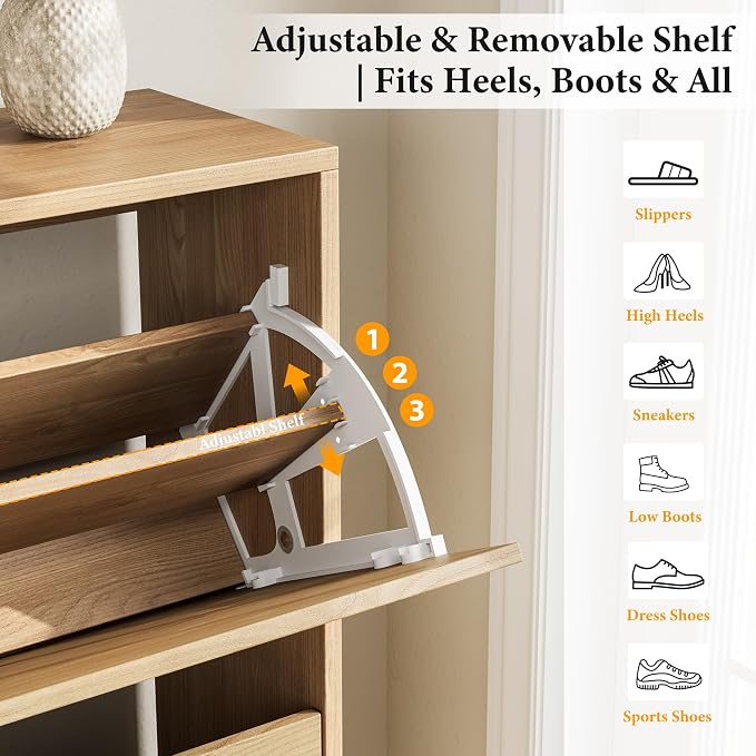 Arch-Chic Shoe Cabinet for Entryway, Modern Mid-Century Shoe Storage Cabinet with Fluted, Narrow Shoe Rack for Entryway with Adjustable Shelves & Tipping Protection,Light Oak