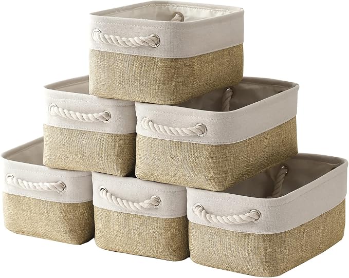 Storage Basket for Shelves - 12x8x5.2 inch Small 6 Pack Collapsible Storage Bin for Closet with Handles, Fabric Storage Cubes for Cloth Organizer Gift Toy Decorative (White & Khaki)