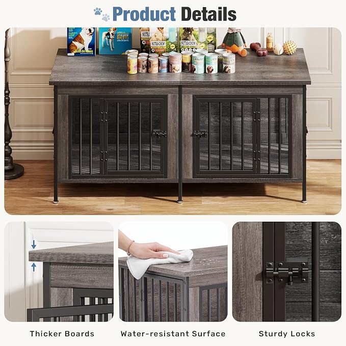 DUMOS 54" Dog Crate Furniture for 2 Dogs with Divider, Gray Wood Grain | Wooden Dog Kennel Furniture, Small Breed Center Divider and Double Doors, Heavy Duty Indoor Dog Cage, TV Stand, Side Table